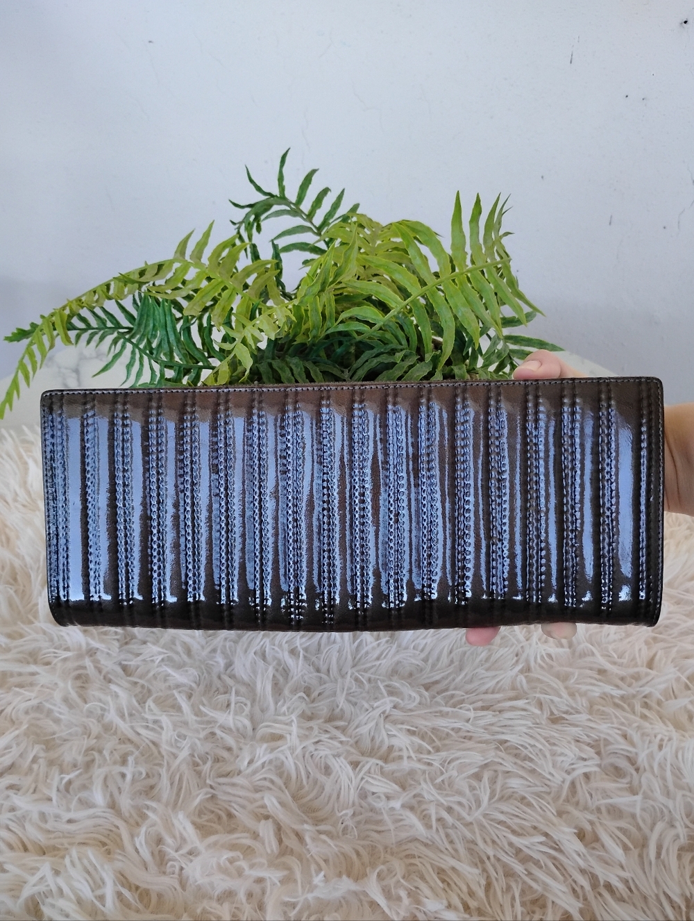 Sondra Roberts Glossy Dark Olive Green Patent Accordion Clutch Bag